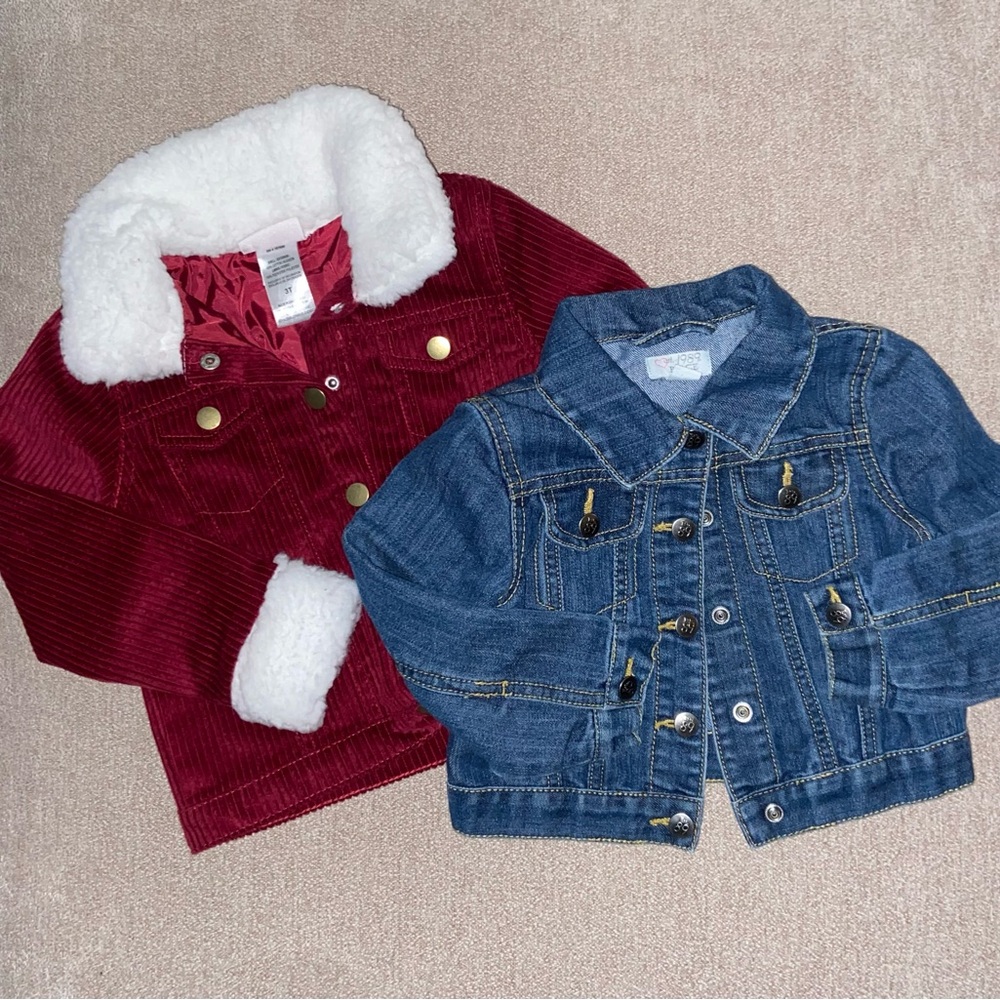 Girls 3T Little Lass Red Corduroy Shirt and Blue Denim Jacket